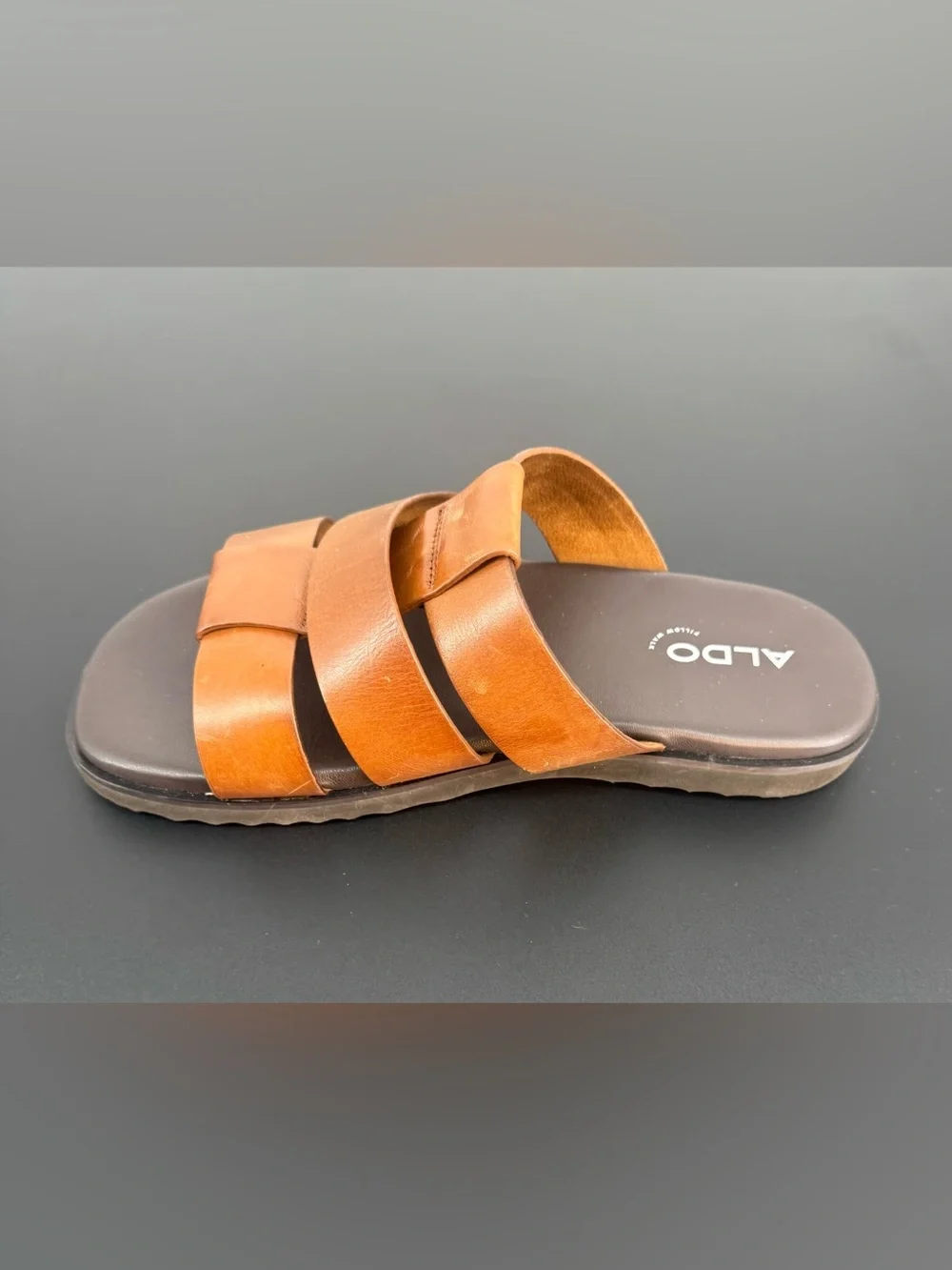 Aldo Men’s Tan Triple-Strap Leather Slide Sandals Size 10
